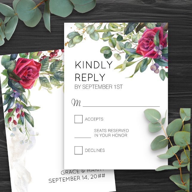 Red Roses and Eucalyptus Vertical Wedding  RSVP Card (Romantic red rose RSVP card from my Red Rose and Eucalyptus Wedding Collection)