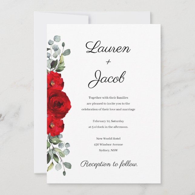 Red Roses and Eucalyptus Wedding Invitation (Front)