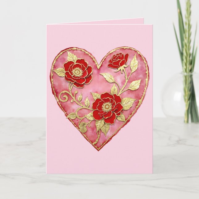 Red Roses and Gold Anniversary Valentine's Day Card (Front)