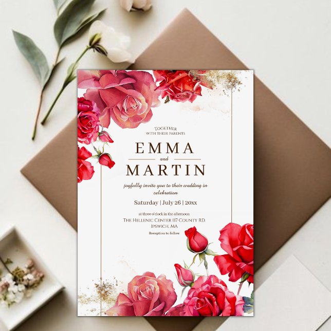 Red Roses and Gold Dust Elegant Modern Wedding  Invitation (Creator Uploaded)