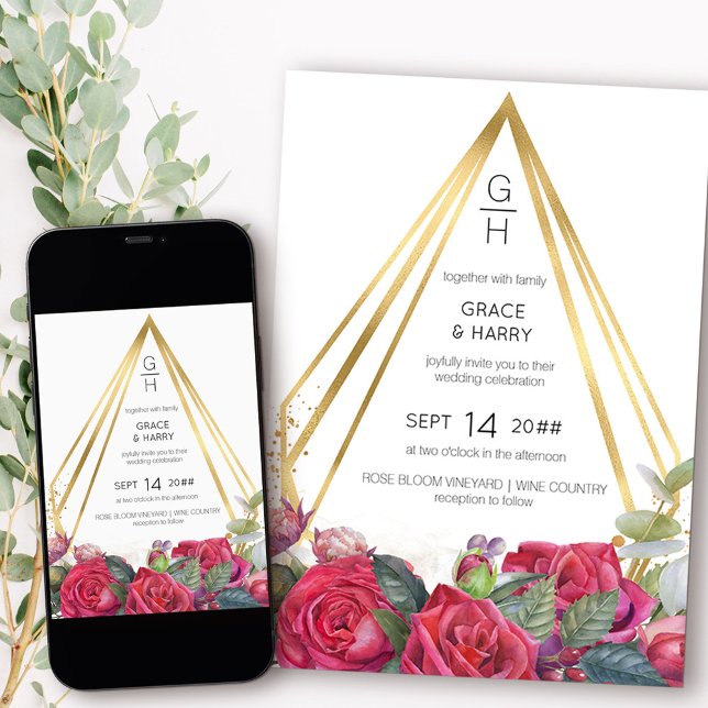 Red Roses and Gold Geometric Prism Frame Wedding Invitation (Monogram wedding invitation from my Red Rose and Eucalyptus collection)