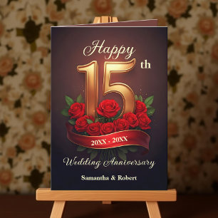 Red Roses and Gold Number 15th Wedding Anniversary Card