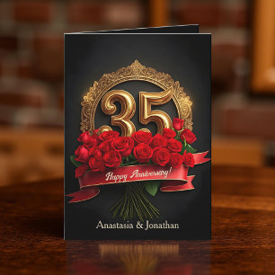 Red Roses and Gold Number 35th Wedding Anniversary Card
