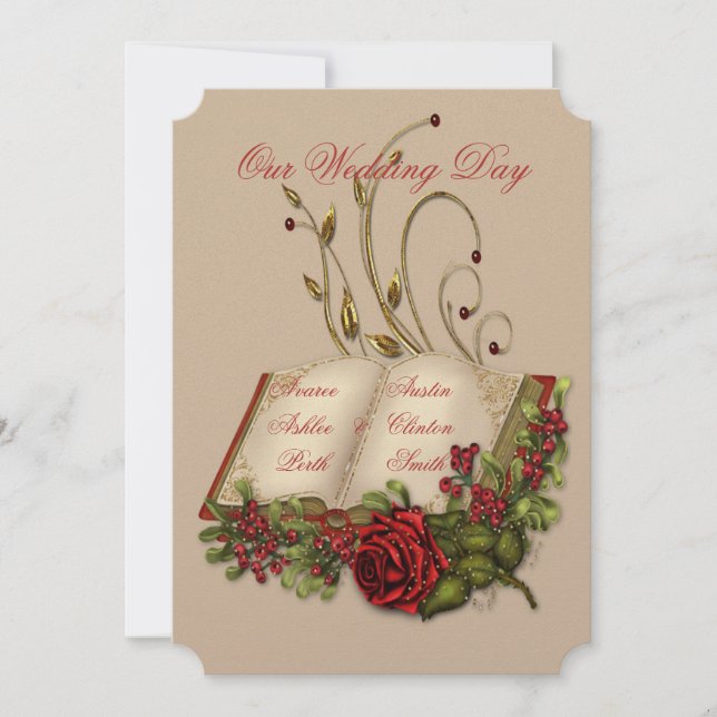 Red Roses and Gold Open Bible Wedding Invitation (Front)