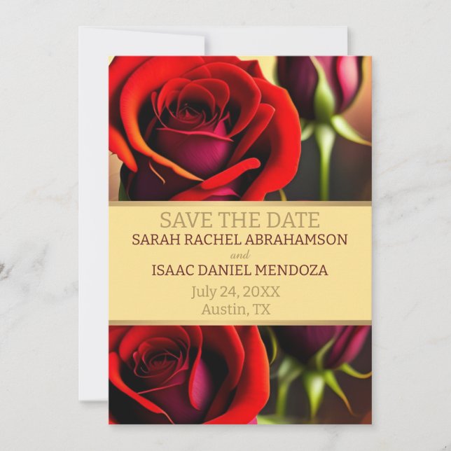 Red Roses and Gold Save the Date Invitation (Front)