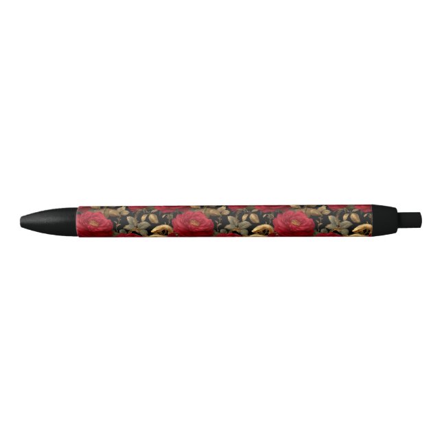 Red Roses and Golden Snakes Pattern Black Ink Pen (Front)