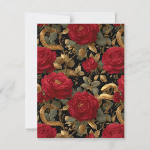Red Roses and Golden Snakes Pattern Postcard