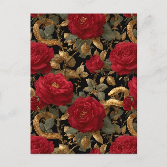 Red Roses and Golden Snakes Pattern Postcard (Front)