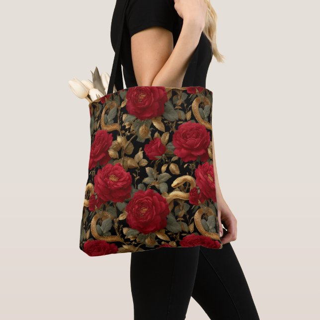 Red Roses and Golden Snakes Pattern Tote Bag (Close Up)