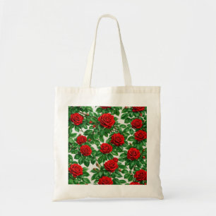 Red Roses and Green Leaves Romantic Botanical Tote Bag