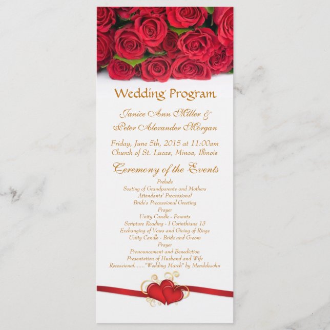 Red roses and heart Wedding Program Programme (Front)