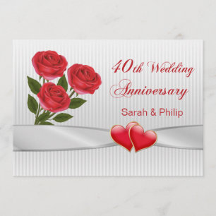 Red roses and hearts 40th Wedding Anniversary Invitation