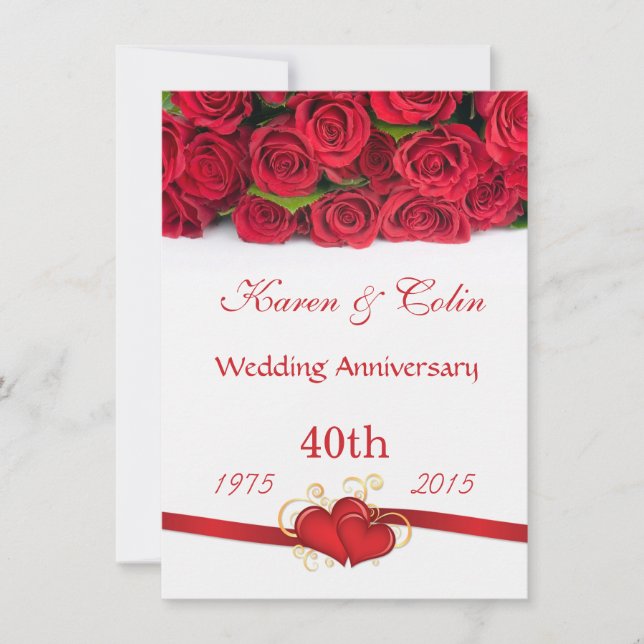 Red roses and hearts 40th Wedding Anniversary Invitation (Front)