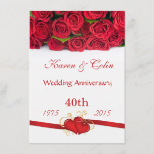 Red roses and hearts 40th Wedding Anniversary Invitation