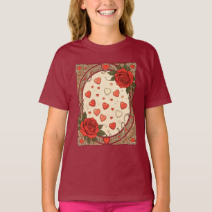 Red Roses And Hearts Art Nouveau Design T-Shirt