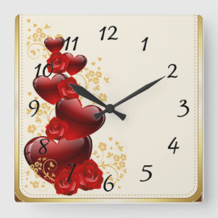 Red roses and hearts square wall clock