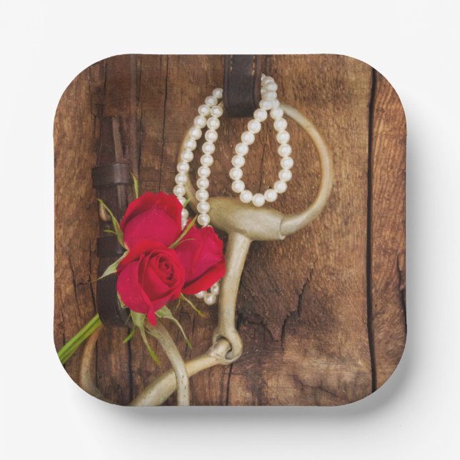 Red Roses and Horse Bit Country Western Wedding Paper Plate (Front)