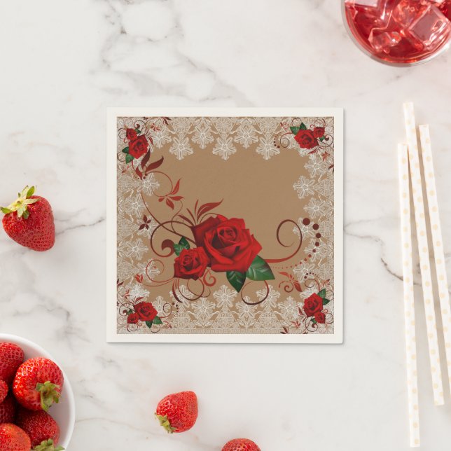 Red Roses and Lace - Custom Paper Napkins (Insitu)