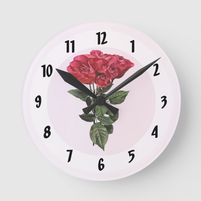 Red Roses and Leaves Round Clock (Front)