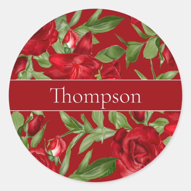 Red Roses and Lily Floral Classic Round Sticker (Front)