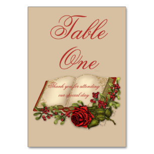 Red Roses and Open Bible Table Number Cards
