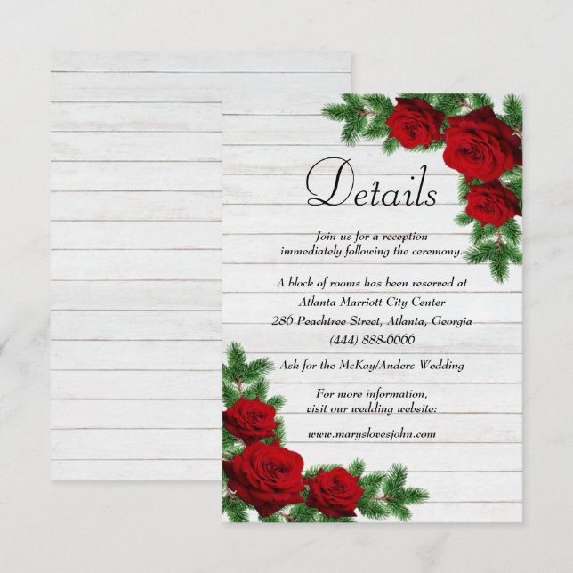 Red Roses And Pine Branch Christmas Wedding Detail Announcement (Front/Back)