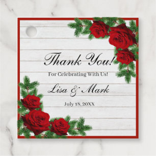 Red Roses And Pine Branch Christmas Wedding Favour Tags