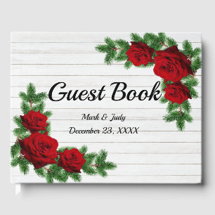 Red Roses And Pine Branch Christmas Wedding Guest Book