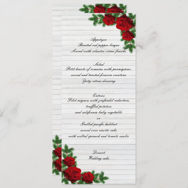 Red Roses And Pine Branch Christmas Wedding Menu (Front/Back)