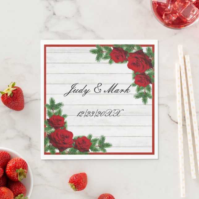 Red Roses And Pine Branch Christmas Wedding Napkin (Insitu)