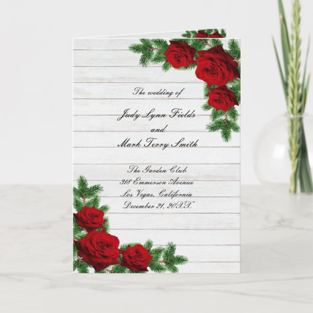 Red Roses And Pine Branch Christmas Wedding Programme (Front)