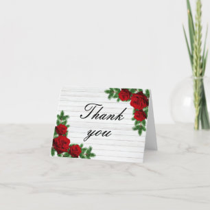 Red Roses And Pine Branch Christmas Wedding  Thank You Card