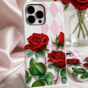 Red Roses and Pink and White Diamond Pattern Case-Mate iPhone 14 Pro Max Case