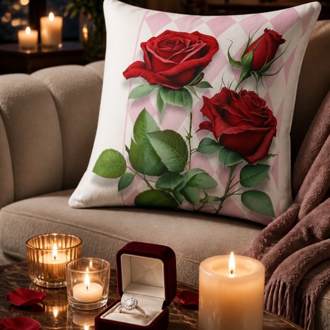 Red Roses and Pink and White Diamond Pattern Cushion (Creator Uploaded)