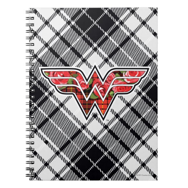 Red Roses and Plaid Wonder Woman Logo Spiral Notebook (Front)