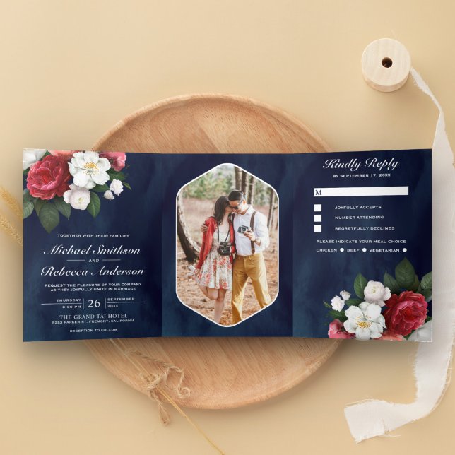 Red Roses and White Magnolia Navy Blue Wedding Tri-Fold Invitation (Creator Uploaded)