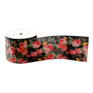 RED  ROSES AND YELLOW BUTTERFLIES Black Floral Grosgrain Ribbon