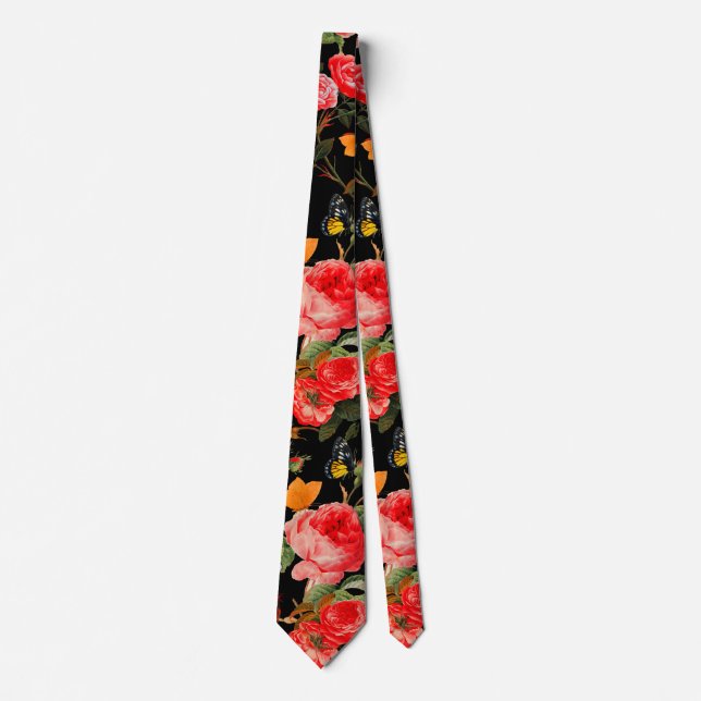 RED ROSES AND YELLOW BUTTERFLIES Black Floral Tie (Front)