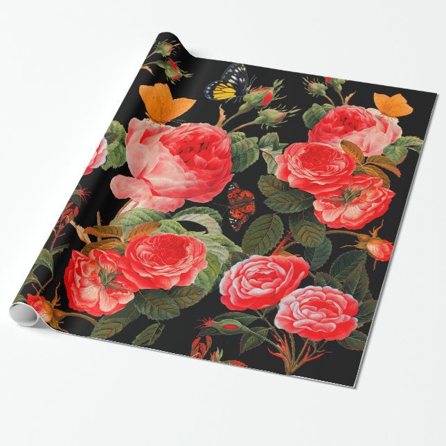 RED ROSES AND YELLOW  BUTTERFLIES Black Floral Wrapping Paper (Unrolled)