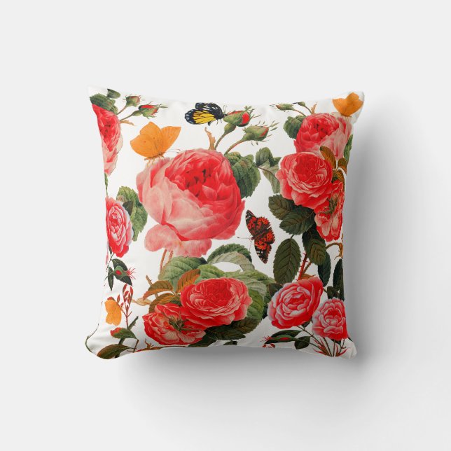 RED ROSES AND YELLOW BUTTERFLIES White Floral Cushion (Front)