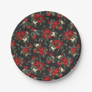 RED ROSES & BABY BREATH FLORAL PAPER PARTY PLATE