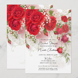 Red Roses & Babys Breath Elegant Floral Bridal Invitation