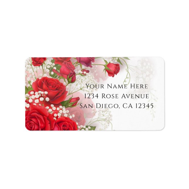 Red Roses & Babys Breath Elegant Floral Wedding  Label (Front)
