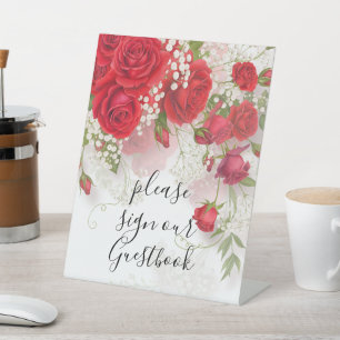 Red Roses & Babys Breath Elegant Floral Wedding  Pedestal Sign