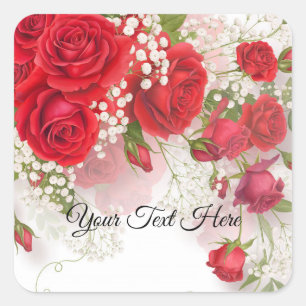 Red Roses & Babys Breath Elegant Floral Wedding  Square Sticker