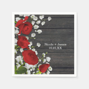 Red Roses & Baby's Breath on Wood Bridal Shower Napkin