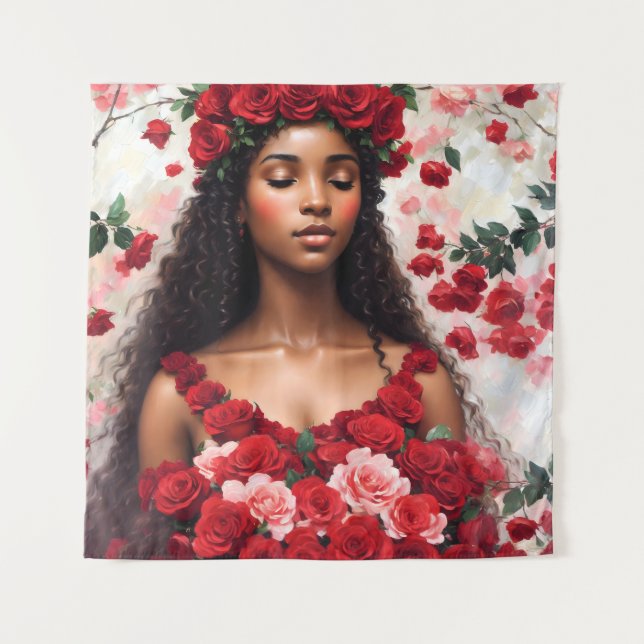 Red Roses Beautiful Black Woman Art Tapestry (Front)