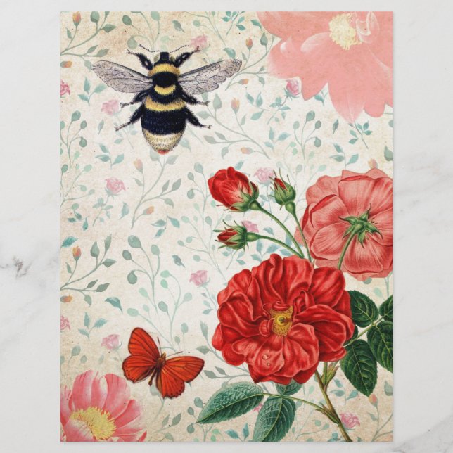Red Roses & Bee Vintage Scrapbook Paper (Front)