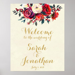 Red roses berries winter wedding welcome sign
