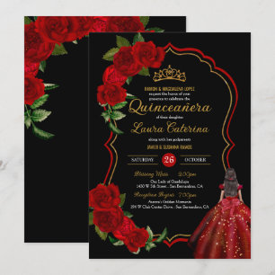 Red Roses Black and Gold Elegant Dress Quinceanera Invitation